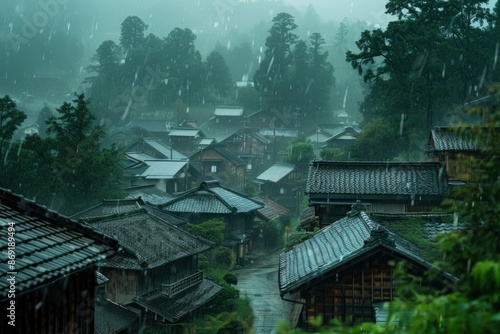 Japanese village in the rain. generative ai photo