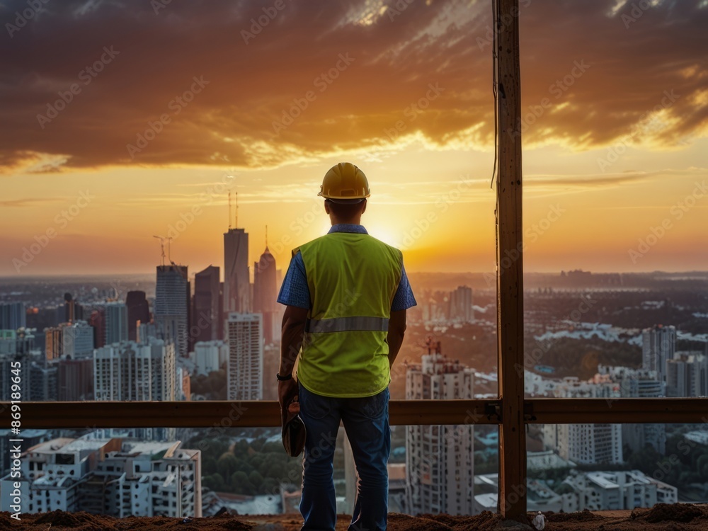 Fototapeta premium Construction worker overlooking urban building site at sunset