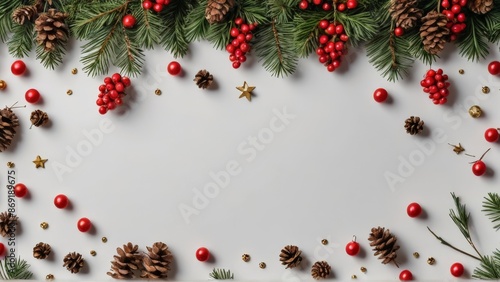 Christmas Frame composition. Christmas, winter, and New Year concept. Flat lay, top view, copy space, Christmas composition. Fir tree branches, red balls, cones and stars on gray. Christmas, winter