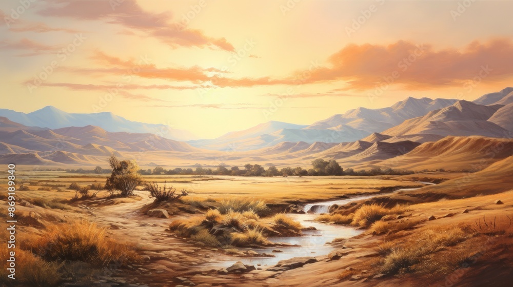 Naklejka premium The image is a beautiful landscape painting in warm colors. It features a vast desert valley with a river running through it.