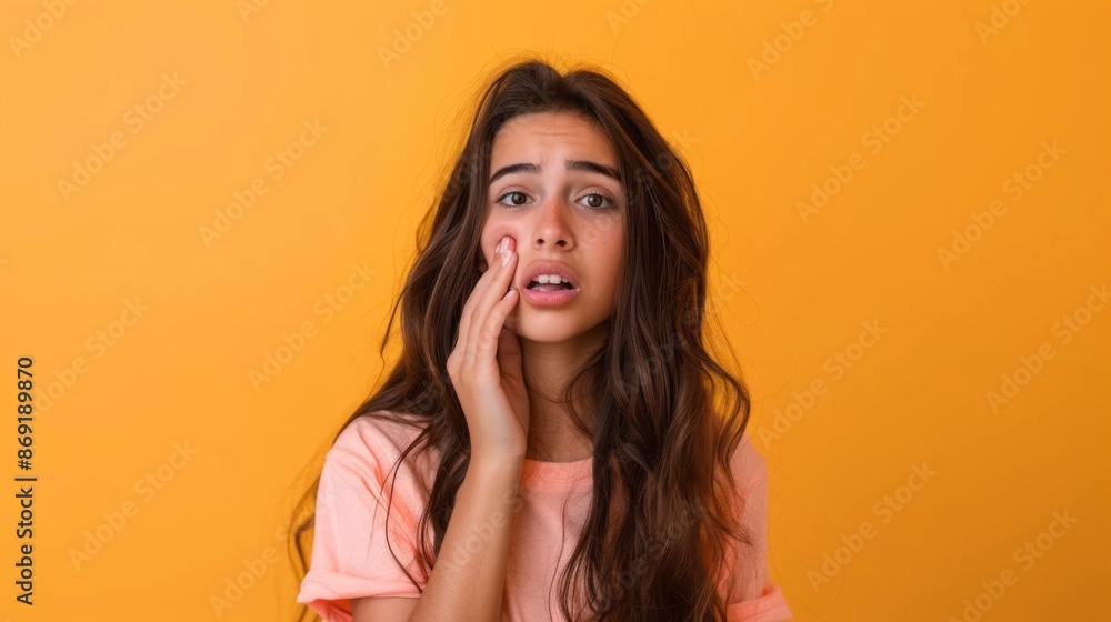 A young Hispanic girl with long brown hair and a peach-colored shirt expresses concern while looking directly at the camera. The bright yellow backdrop provides a vivid contrast to her expression A young Hispanic girl with long brown hair and a peach-colored shirt expresses concern while looking directly at the camera. The bright yellow backdrop provides a vivid contrast to her expression