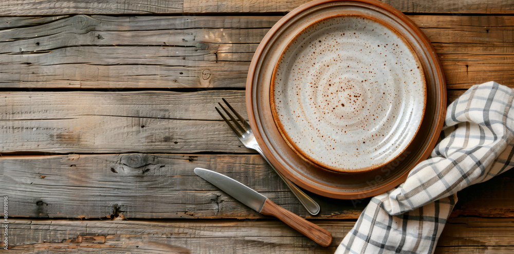 Rustic Table Setting with Checkered Napkin. Rustic Table Setting with Checkered Napkin.