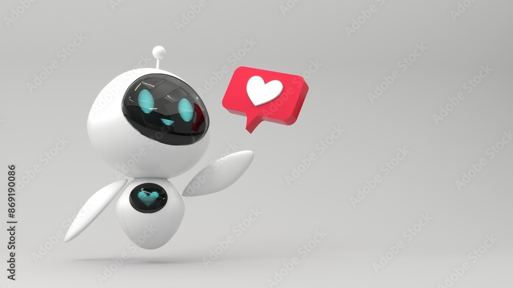 Friendly cute cartoon robot holding like icon - 3d render. Technology concept. Social media apps, UI and UX web design, application development. Customer support chatbot, online consultant. Friendly cute cartoon robot holding like icon - 3d render. Technology concept. Social media apps, UI and UX web design, application development. Customer support chatbot, online consultant.