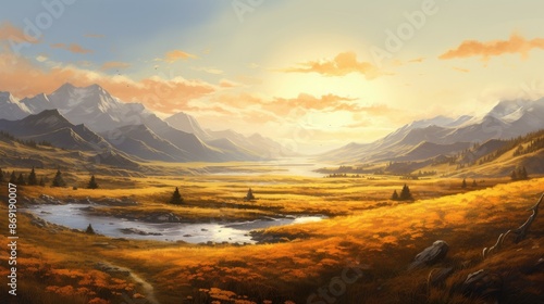 A beautiful landscape image of a valley with a river running through it. The valley is surrounded by mountains and the sky is a clear blue.