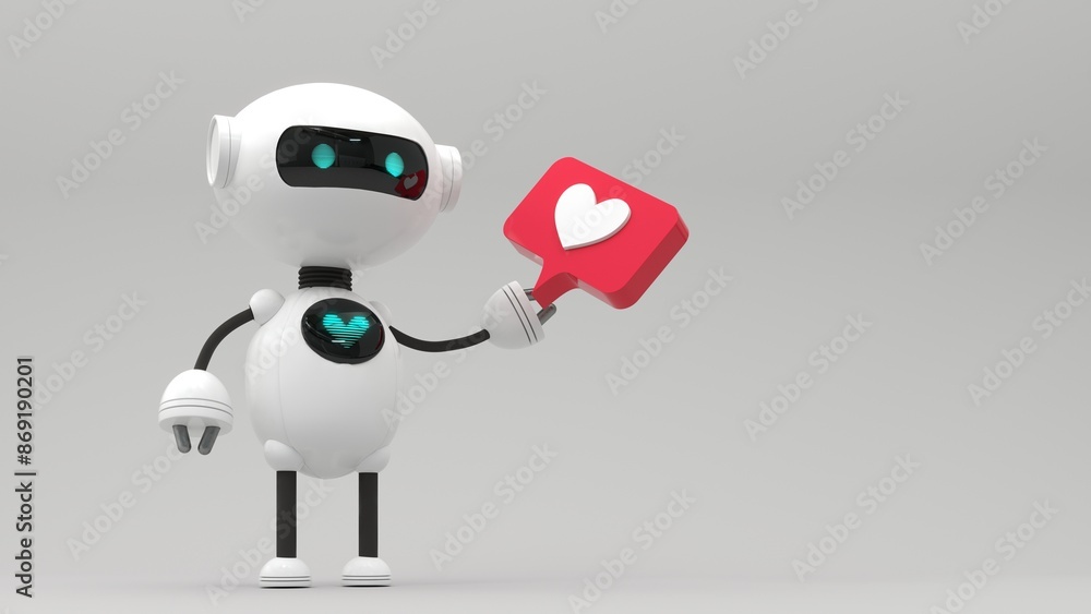 Friendly cute cartoon robot holding like icon - 3d render. Technology concept. Social media apps, UI and UX web design, application development. Customer support chatbot, online consultant. Friendly cute cartoon robot holding like icon - 3d render. Technology concept. Social media apps, UI and UX web design, application development. Customer support chatbot, online consultant.