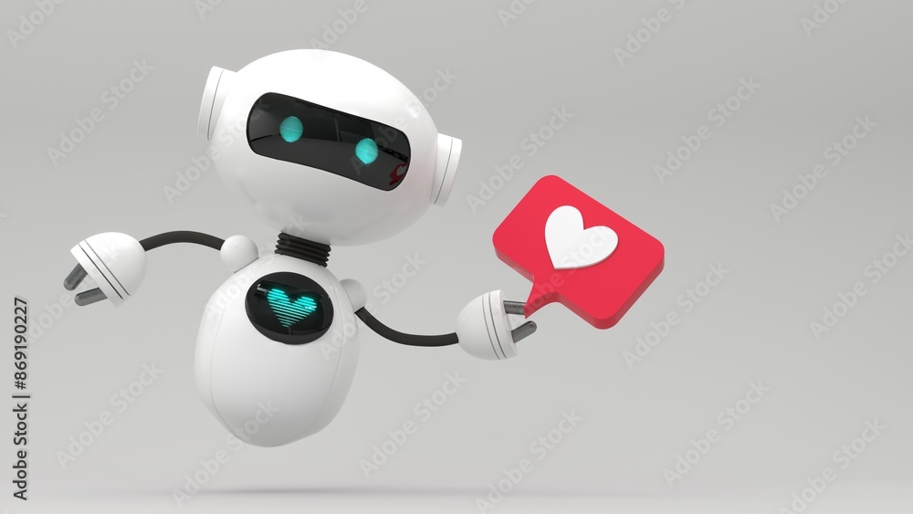 Friendly cute cartoon robot holding like icon - 3d render. Technology concept. Social media apps, UI and UX web design, application development. Customer support chatbot, online consultant. Friendly cute cartoon robot holding like icon - 3d render. Technology concept. Social media apps, UI and UX web design, application development. Customer support chatbot, online consultant.