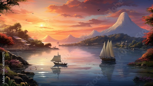 Tranquil seascape with distant mountains and a setting sun. Two sailboats are on the water, and a small village is nestled on the shore. photo