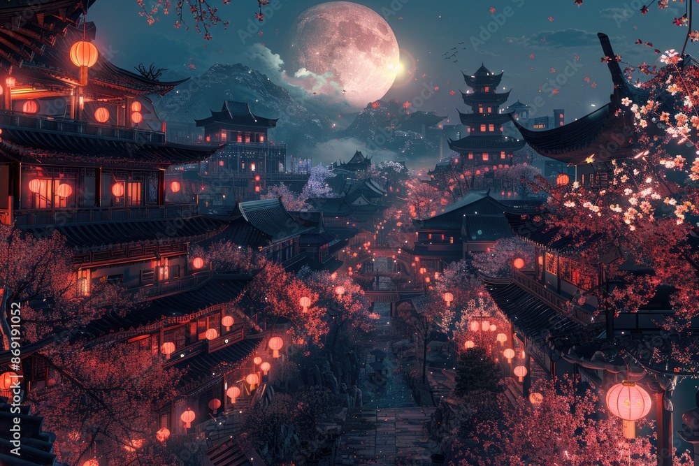 Fototapeta premium In the ancient town at night, the full moon shines on the pavilions and towers