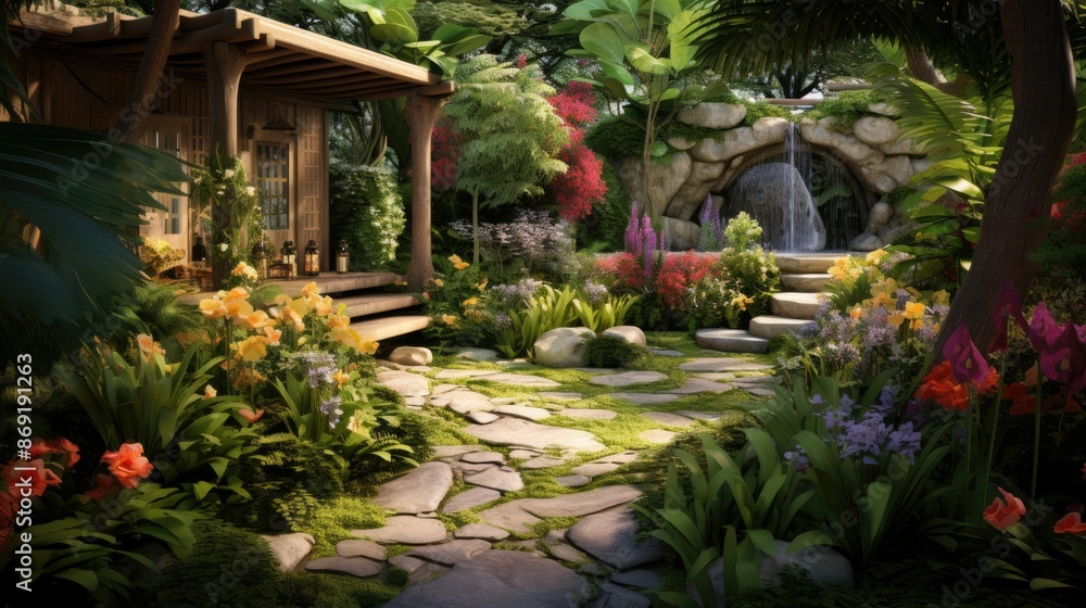 A beautiful garden with a waterfall and a small house. The garden is full of flowers and plants. The waterfall is made of rocks and water. A beautiful garden with a waterfall and a small house. The garden is full of flowers and plants. The waterfall is made of rocks and water.