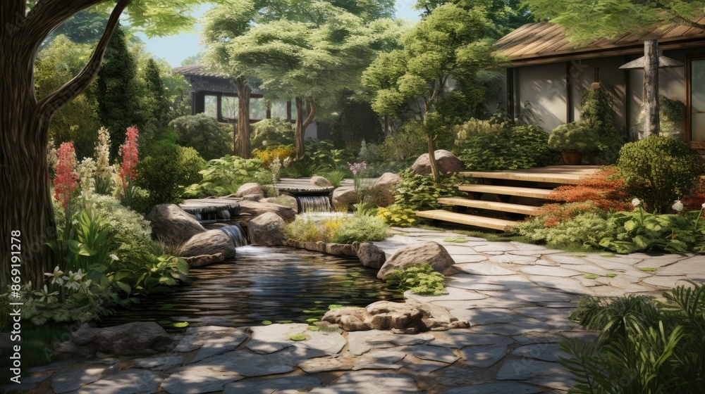A beautiful Japanese garden with a pond, a waterfall, and a wooden house. The garden is full of lush green plants and flowers. A beautiful Japanese garden with a pond, a waterfall, and a wooden house. The garden is full of lush green plants and flowers.