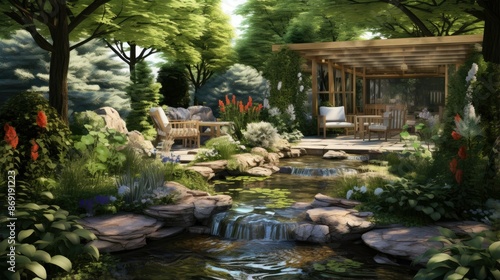 A beautiful garden with a pond, waterfall, and flowers. The garden is peaceful and serene, and the perfect place to relax and enjoy nature.