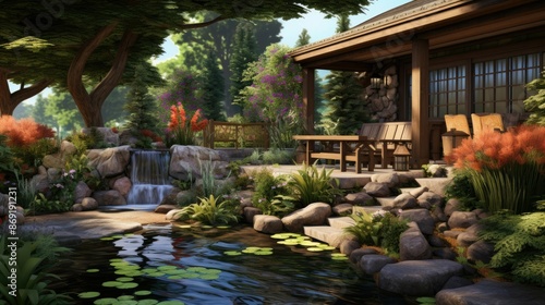 A beautiful garden with a waterfall and a pond. The garden is full of lush plants and flowers. There is a wooden house in the background.