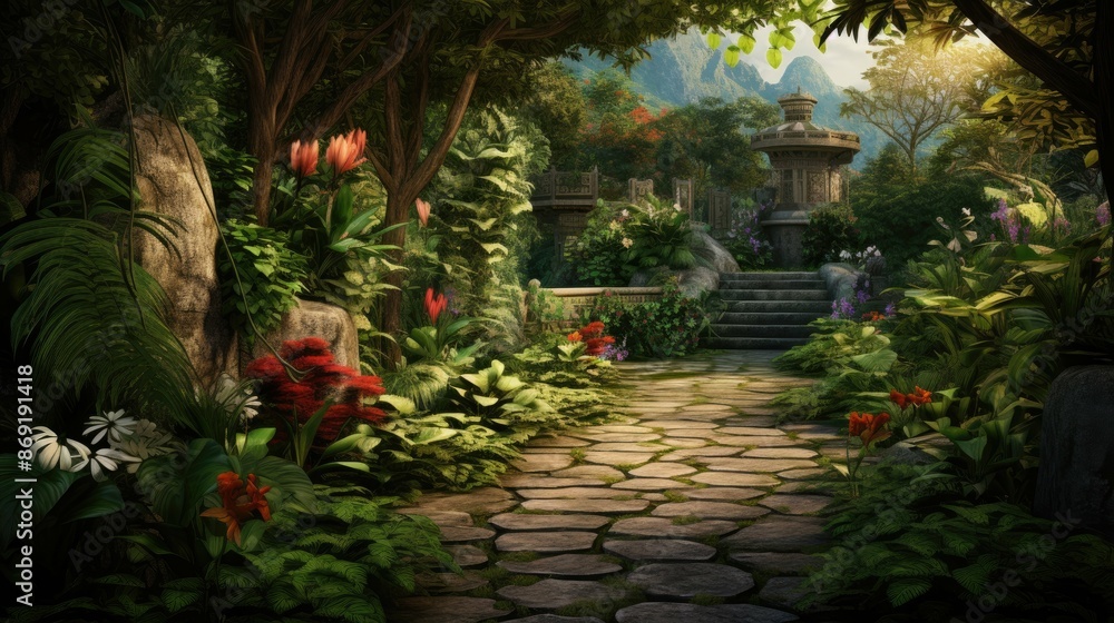 The stone path winds through a lush tropical forest. The trees are tall and the leaves are a vibrant green. The stone path winds through a lush tropical forest. The trees are tall and the leaves are a vibrant green.