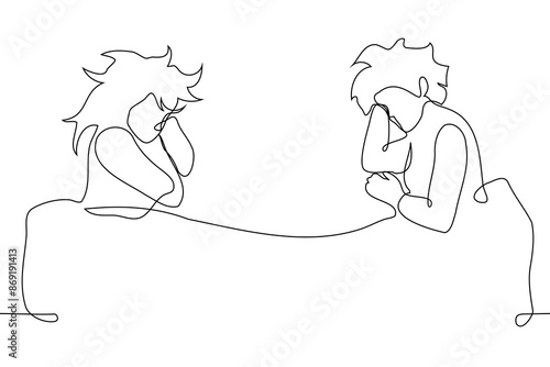 women sleeping under one blanket far apart with empty space between them - one line art vector. concept of girlfriends, sisters sleeping together, lesbian couple in a quarrel, bedding and sleep