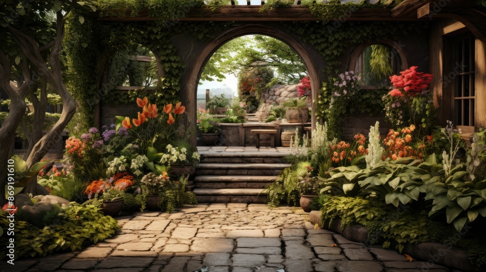 A beautiful garden with a stone path leading to a small seating area. The garden is full of colorful flowers and lush greenery. A beautiful garden with a stone path leading to a small seating area. The garden is full of colorful flowers and lush greenery.