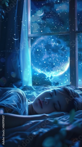 Person sleeping with a dreamy cosmic night backdrop