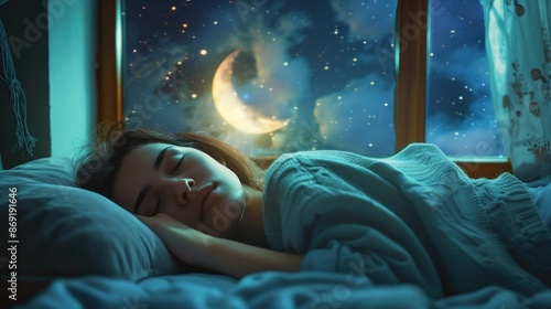 Woman sleeping peacefully under a starry night sky