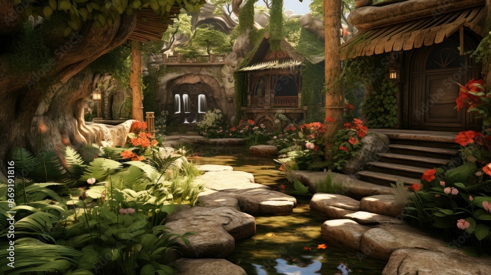 Obraz premium A beautiful fantasy landscape with a small house. The house is surrounded by a lush garden with a river flowing through it.