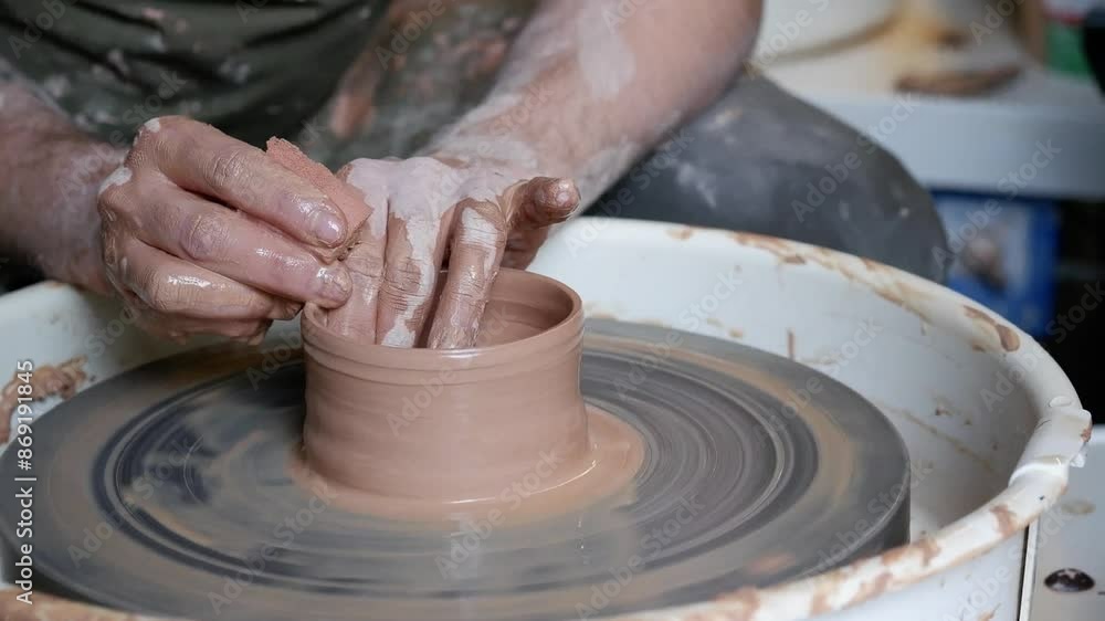 Hand smoothing pottery clay using wet foam on throwing wheel. Hand smoothing pottery clay using wet foam on throwing wheel.