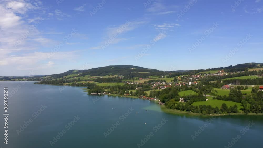Drone flight over Irrsee with view of Zell am Moos, Austria Drone flight over Irrsee with view of Zell am Moos, Austria
