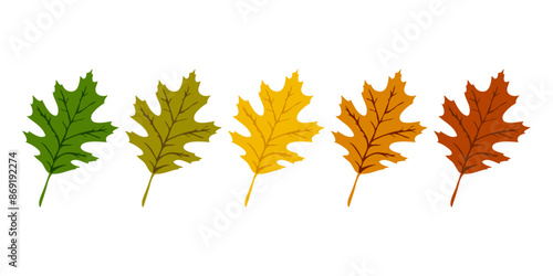 Logo con siluetas de hojas de roble en paleta de gradiente de colores. Concepto de cambio de temporada de otoño