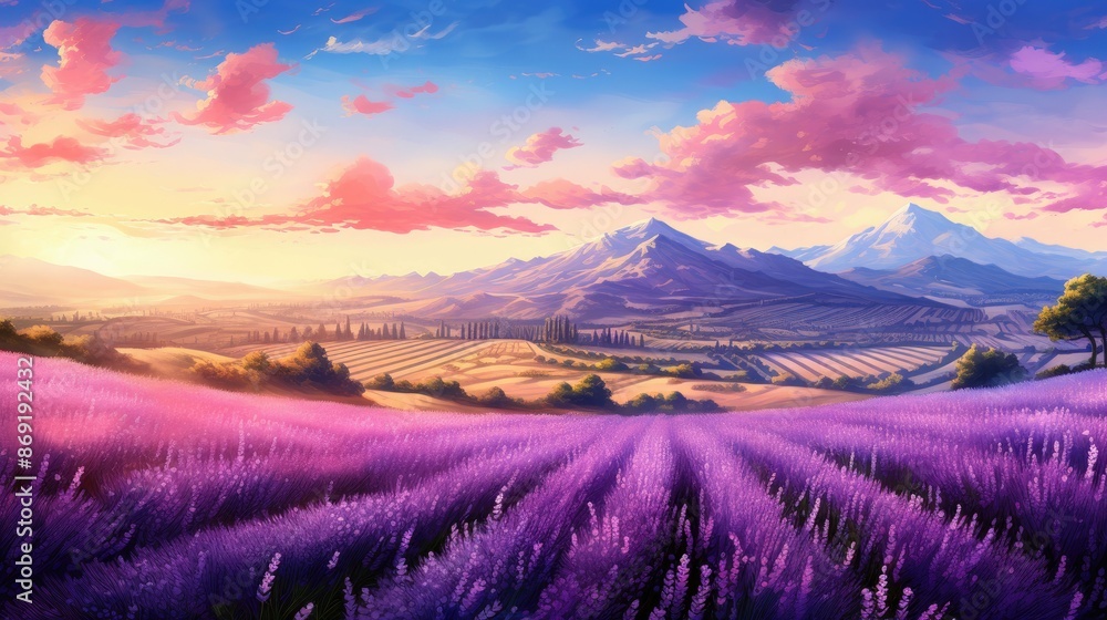A beautiful landscape of a lavender field with mountains in the distance. The sky is a clear blue with a few clouds. A beautiful landscape of a lavender field with mountains in the distance. The sky is a clear blue with a few clouds.
