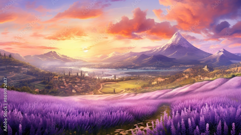 Fototapeta premium Amazing landscape with lavender fields and mountains in the background. The sky is a bright orange and the sun is setting.