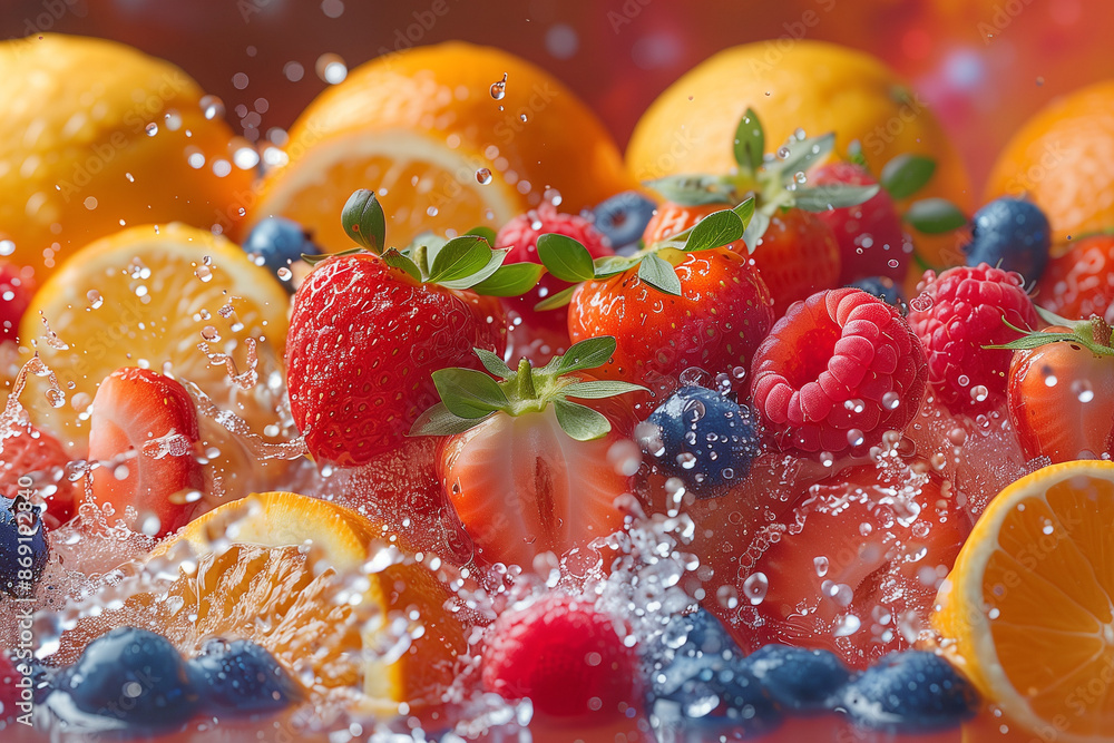 Close up of colorful variety of fresh fruits in water splash Close up of colorful variety of fresh fruits in water splash