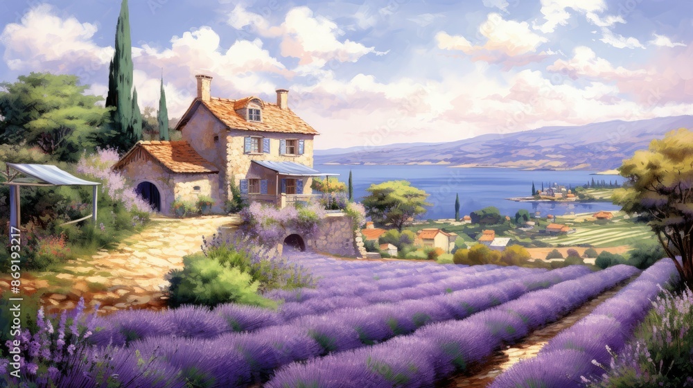 A beautiful landscape of a lavender field with a house in the background. The lavender is in full bloom and the house is surrounded by trees. A beautiful landscape of a lavender field with a house in the background. The lavender is in full bloom and the house is surrounded by trees.