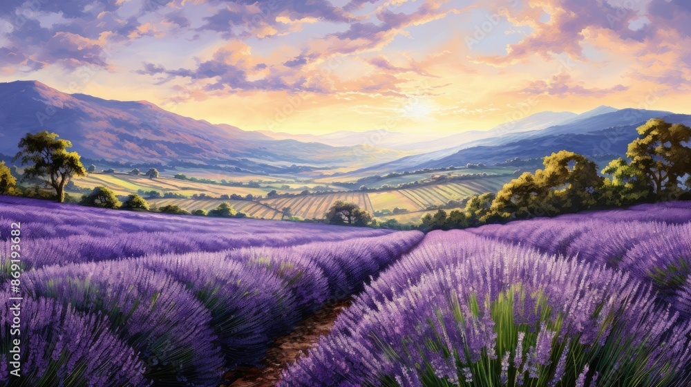 Fototapeta premium A beautiful landscape of a lavender field with mountains in the distance. The lavender is in full bloom and the sun is shining brightly.