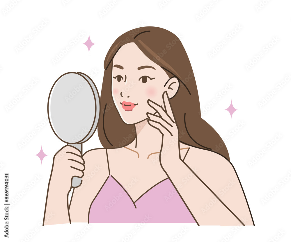 Beauty young girl looking at her mirror reflection and touching her face. Skin care and hygiene concept. Vector illustration. Beauty young girl looking at her mirror reflection and touching her face. Skin care and hygiene concept. Vector illustration.