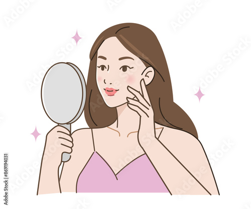 Beauty young girl looking at her mirror reflection and touching her face. Skin care and hygiene concept. Vector illustration.