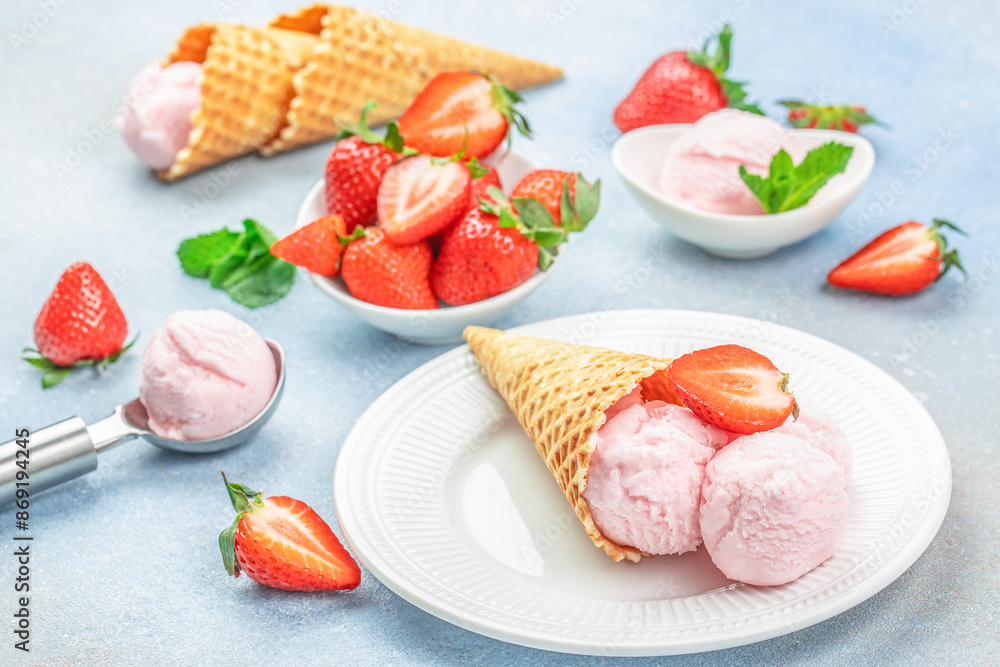 Strawberry ice cream scoop with fresh strawberries and icecream cones Strawberry ice cream scoop with fresh strawberries and icecream cones