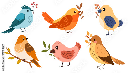 Autumn birds set. Different beautiful birdie with berries and branch. Vector cartoon illustration in childish style isolated on white.