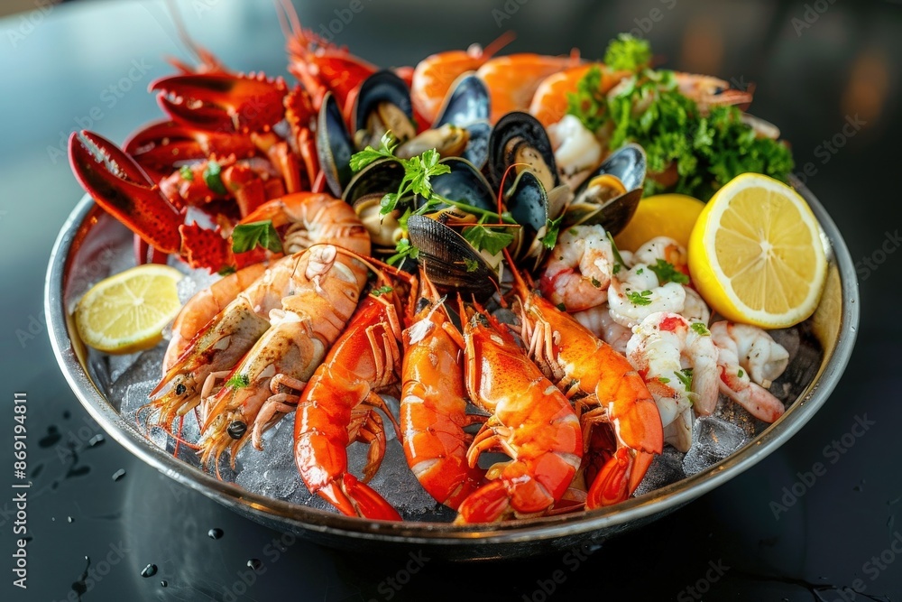 Fresh seafood platter with lobster, shrimp, mussels, and lemon on ice, garnished with parsley, perfect for a gourmet dining experience. Fresh seafood platter with lobster, shrimp, mussels, and lemon on ice, garnished with parsley, perfect for a gourmet dining experience.