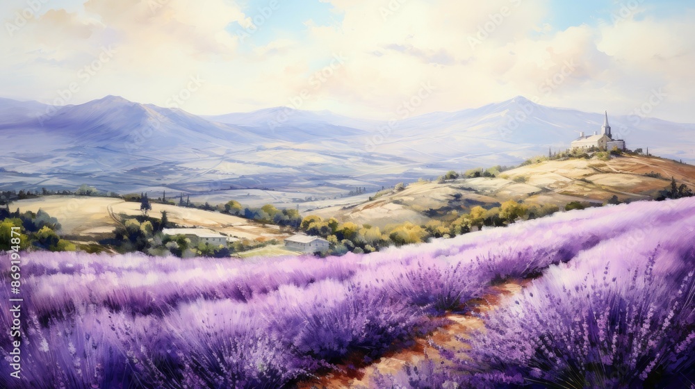 Amazing view of endless lavender fields stretching to the horizon with a small church on a hill and mountains in the distance.