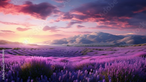 Amazing landscape with lavender fields stretching to the horizon, the purple flowers swaying gently in the breeze. © BozStock