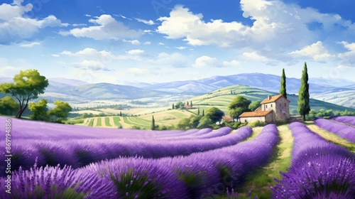 Amazing view of endless lavender fields stretching to the horizon, with a lonely house in the distance. photo