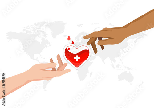 Hands giving blood donation in bag container. Volunteer charity concept