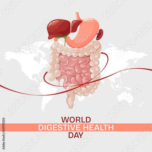 World Digestive Health Day template with human internal organs and ribbon