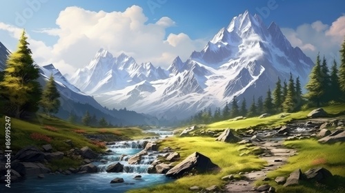 The image is of a beautiful mountain landscape. The mountains are covered in snow. The sky is blue and the sun is shining.
