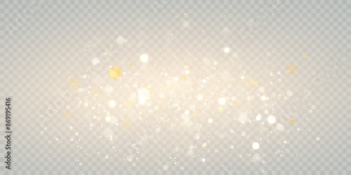 Light bokeh of gold dust with reflections. Christmas glowing bokeh and glitter overlay texture for your design on a transparent background. Gold particles abstract vector background.