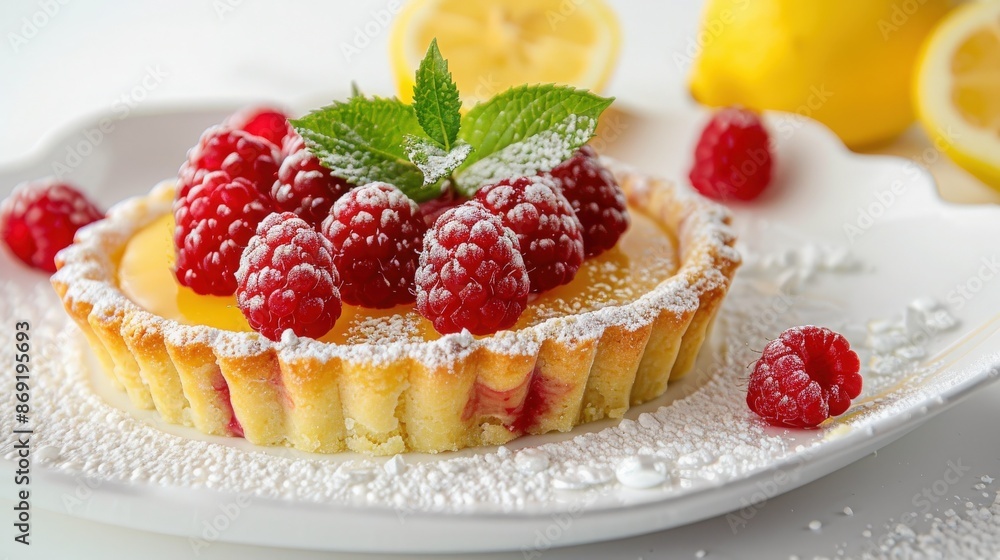 Delicious lemon tart topped with fresh raspberries and mint leaves, dusted with powdered sugar on a white plate. Perfect dessert image. Delicious lemon tart topped with fresh raspberries and mint leaves, dusted with powdered sugar on a white plate. Perfect dessert image.