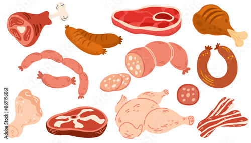 Meat products cartoon set. Natural farm food. Gastronomic delicacies animal origin. Smoked sausages. Beef steaks. Pork bacon and ham. Fresh chicken or lamb. Butcher shop. Garish vector set