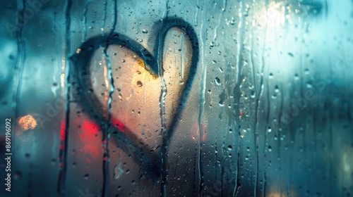 Broken heart drawn on a foggy window, breakup, emotional expression photo