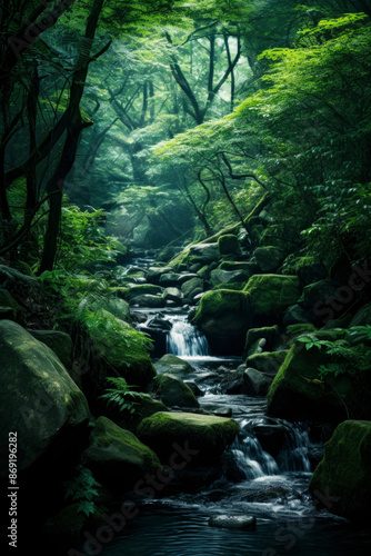 Rill and forest in spring with sunlight shining through the trees