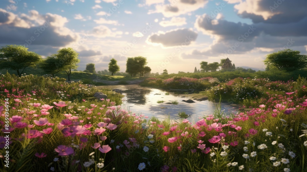 A beautiful landscape with a river running through it. The river is surrounded by green grass and flowers of various colors. A beautiful landscape with a river running through it. The river is surrounded by green grass and flowers of various colors.