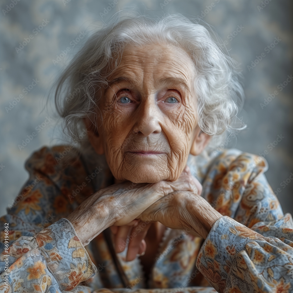 Portrait of an elderly woman with white hair sitting on a sofa, with ...