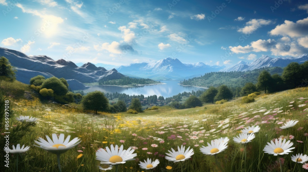 Fototapeta premium The image is of a beautiful landscape with a lake, mountains, and a field of flowers in the foreground. The sky is blue and there are white clouds.