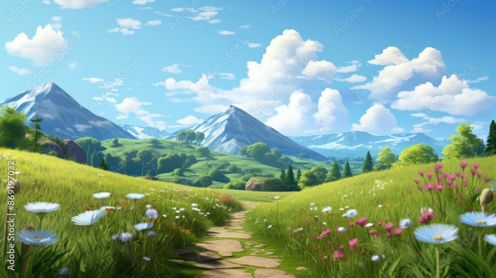Fototapeta premium A beautiful landscape with a mountain range in the distance, green hills, and a flower field in the foreground.
